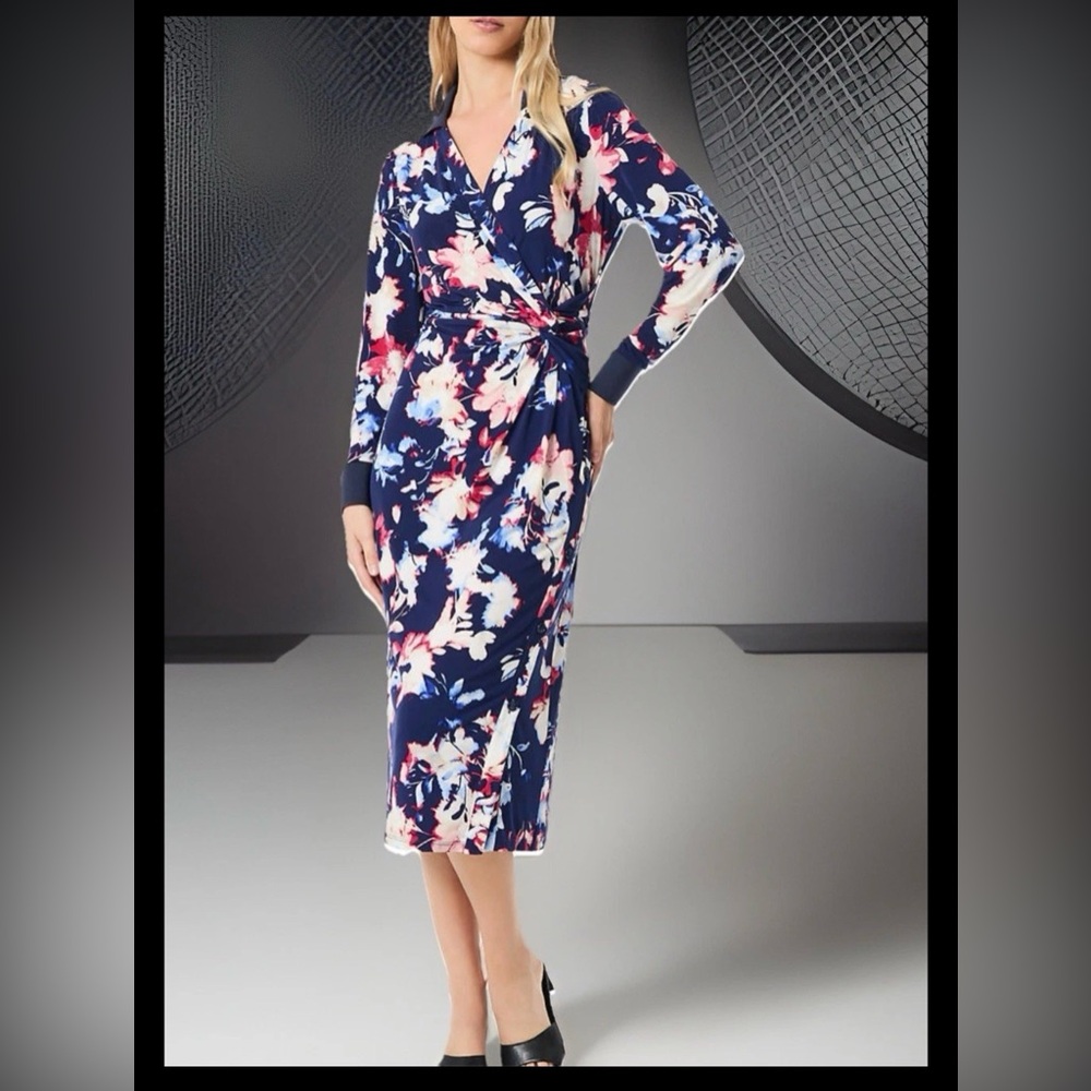 NWT JONES NEW YORK Women's Printed Floral Wrapped Midi Dress-PacificNavyMulti-XS